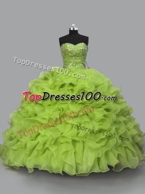 Yellow Green Halter Top Neckline Beading and Ruffles Quinceanera Dress Sleeveless Lace Up