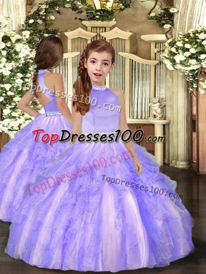 Custom Design Lavender Backless High-neck Beading and Ruffles Little Girl Pageant Gowns Tulle Sleeveless