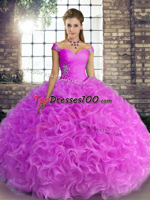 Lilac Ball Gowns Fabric With Rolling Flowers Off The Shoulder Sleeveless Beading Floor Length Lace Up Ball Gown Prom Dress