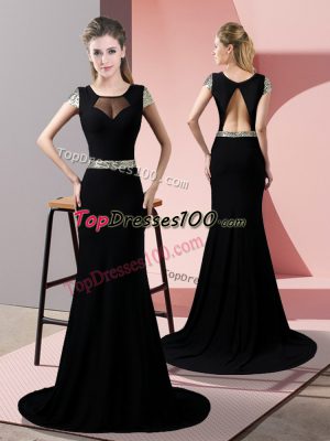 Excellent Black Mermaid Sequins Homecoming Dress Backless Satin Short Sleeves