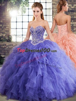 Lavender Sleeveless Tulle Lace Up Ball Gown Prom Dress for Military Ball and Sweet 16 and Quinceanera