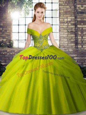 Exceptional Olive Green Ball Gowns Off The Shoulder Sleeveless Tulle Brush Train Lace Up Beading and Pick Ups Quinceanera Dresses