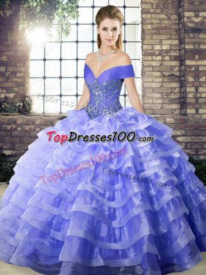 Lavender Sleeveless Organza Brush Train Lace Up Sweet 16 Dresses for Military Ball and Sweet 16 and Quinceanera
