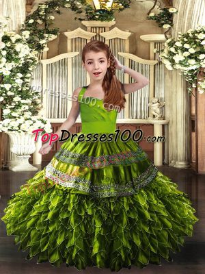 Beautiful Olive Green Little Girl Pageant Dress Party and Wedding Party with Ruffles Straps Sleeveless Lace Up
