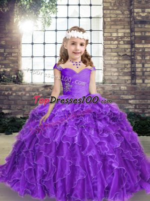 Customized Purple Sleeveless Organza Lace Up Pageant Gowns for Prom and Party and Military Ball