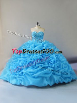 Baby Blue Lace Up Sweetheart Beading and Pick Ups and Hand Made Flower Quinceanera Gowns Organza Sleeveless Court Train
