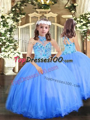 Cute Blue Lace Up Halter Top Appliques High School Pageant Dress Tulle Sleeveless
