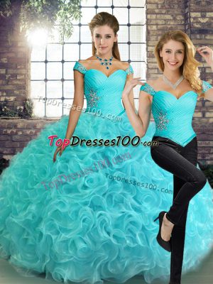 Lovely Aqua Blue Sleeveless Fabric With Rolling Flowers Lace Up Quince Ball Gowns for Military Ball and Sweet 16 and Quinceanera