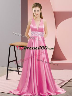 Rose Pink Sleeveless Brush Train Beading Dress for Prom