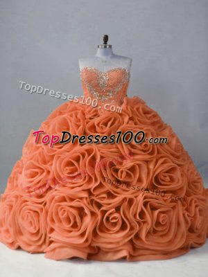 New Style Sweetheart Sleeveless Fabric With Rolling Flowers Quinceanera Gowns Beading Brush Train Lace Up