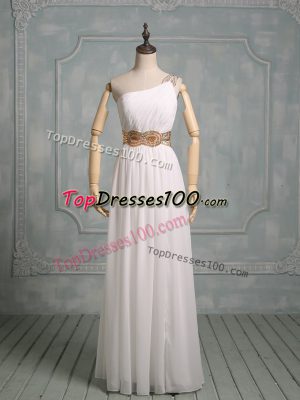 Pretty White Sleeveless Beading and Ruching Floor Length Homecoming Dress