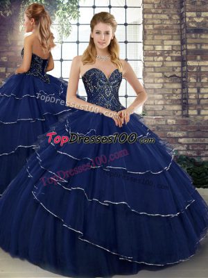 New Arrival Sweetheart Sleeveless Brush Train Lace Up 15 Quinceanera Dress Navy Blue Tulle