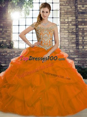 Fashion Rust Red Tulle Lace Up 15th Birthday Dress Sleeveless Brush Train Beading and Pick Ups