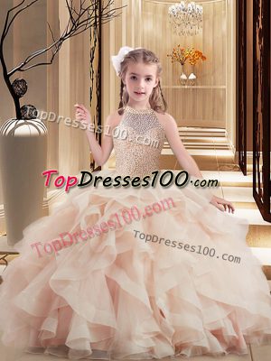 Pink Lace Up Little Girl Pageant Dress Beading Sleeveless Floor Length Brush Train