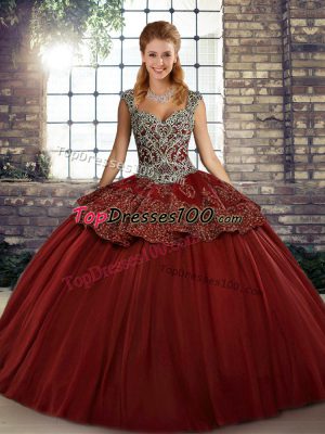 Wine Red Tulle Lace Up Sweet 16 Dress Sleeveless Floor Length Beading and Appliques