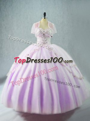 Perfect Sleeveless Tulle Floor Length Lace Up 15th Birthday Dress in Lavender with Beading
