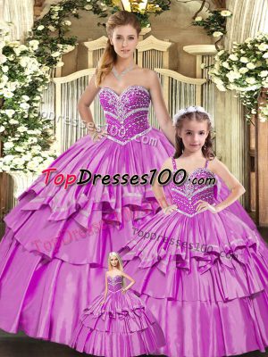 Sweet Lilac Ball Gowns Taffeta Sweetheart Sleeveless Beading and Ruffled Layers Floor Length Lace Up Sweet 16 Dress