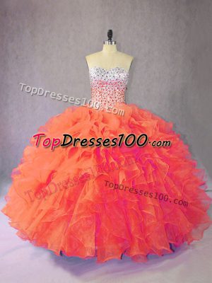 Decent Ball Gowns Ball Gown Prom Dress Orange Sweetheart Organza Sleeveless Floor Length Lace Up