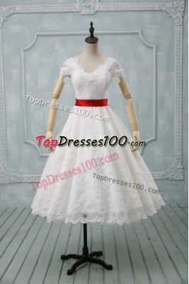 Unique Short Sleeves Tea Length Lace and Belt Zipper Wedding Gowns with White