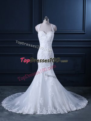 Straps Sleeveless Wedding Gowns Brush Train Beading and Lace White Tulle