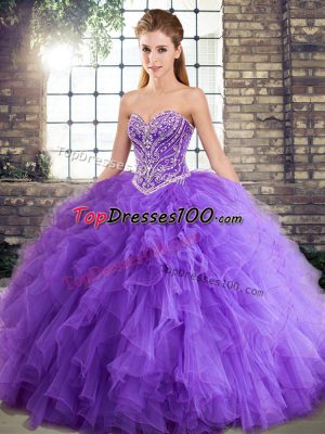 Lavender Lace Up Sweetheart Beading and Ruffles Quince Ball Gowns Tulle Sleeveless