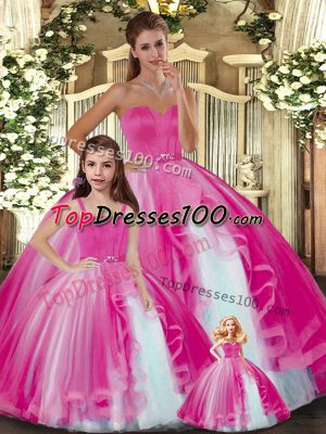 Hot Pink Sleeveless Tulle Lace Up Ball Gown Prom Dress for Sweet 16 and Quinceanera