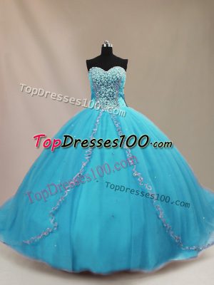 High Class Lace Up Sweet 16 Quinceanera Dress Aqua Blue for Sweet 16 and Quinceanera with Beading Court Train