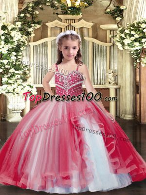 Tulle Straps Sleeveless Lace Up Beading Little Girls Pageant Dress in Red