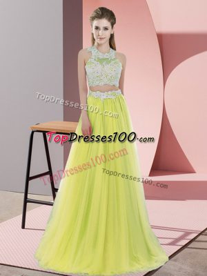 Tulle Halter Top Sleeveless Zipper Lace Wedding Guest Dresses in Yellow