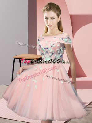 Glittering Tulle Short Sleeves Knee Length Vestidos de Damas and Appliques