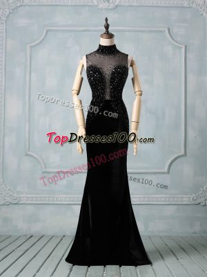 Low Price Sleeveless Elastic Woven Satin Brush Train Zipper Dress for Prom in Black with Beading