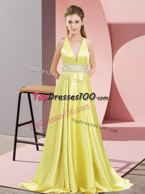 Yellow Elastic Woven Satin Backless V-neck Sleeveless Prom Gown Brush Train Beading