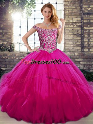 Attractive Fuchsia Quince Ball Gowns Military Ball and Sweet 16 and Quinceanera with Beading and Ruffles Off The Shoulder Sleeveless Lace Up