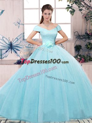 Edgy Aqua Blue Off The Shoulder Lace Up Lace and Hand Made Flower Quinceanera Dress Short Sleeves
