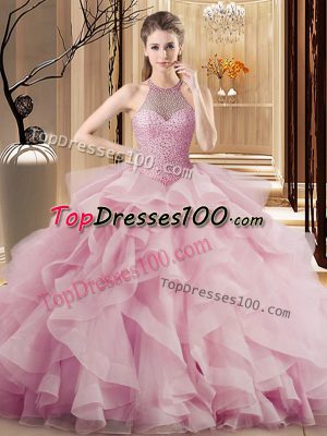 Colorful Halter Top Sleeveless Organza Quinceanera Gown Beading and Ruffles Sweep Train Lace Up