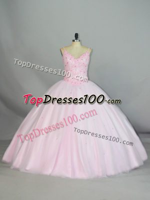 Beauteous Baby Pink Lace Up Straps Beading and Lace Quinceanera Gown Tulle Sleeveless