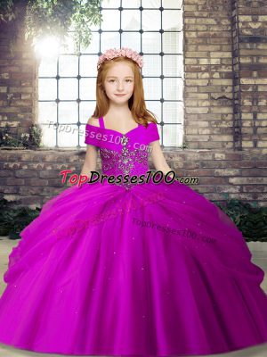 Admirable Fuchsia Ball Gowns Sleeveless Tulle Floor Length Lace Up Beading Kids Formal Wear