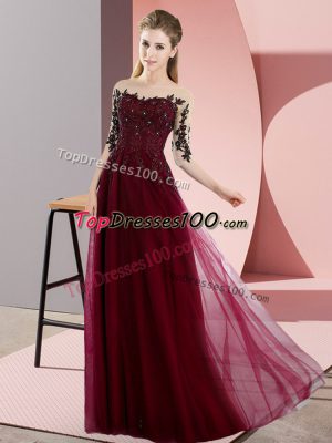 Custom Design Beading and Lace Dama Dress for Quinceanera Burgundy Lace Up Half Sleeves Floor Length
