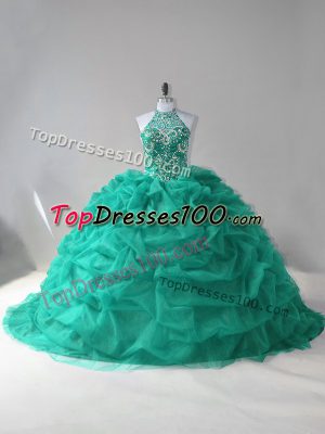 Turquoise Sleeveless Beading and Pick Ups Lace Up 15th Birthday Dress