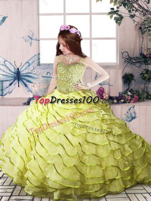Beading and Ruffled Layers Little Girls Pageant Gowns Yellow Green Zipper Sleeveless