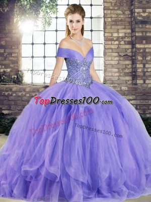 Pretty Ball Gowns Sweet 16 Dresses Lavender Off The Shoulder Tulle Sleeveless Floor Length Lace Up