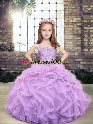 Lavender Ball Gowns Beading and Ruffles Pageant Dress for Teens Lace Up Tulle Sleeveless Floor Length