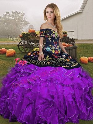 Best Selling Floor Length Black And Purple Sweet 16 Quinceanera Dress Off The Shoulder Sleeveless Lace Up