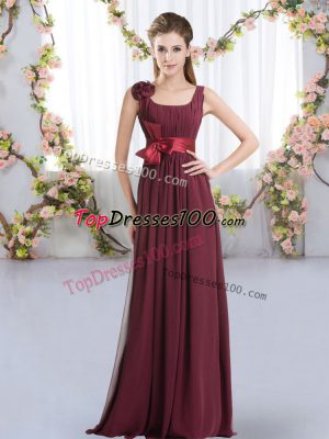 Burgundy Quinceanera Court of Honor Dress Wedding Party with Belt and Hand Made Flower Straps Sleeveless Zipper