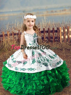 Green Lace Up Straps Embroidery and Ruffles Little Girls Pageant Gowns Organza Sleeveless