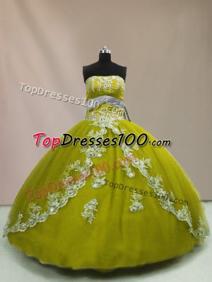 Hot Selling Strapless Sleeveless Tulle Quinceanera Dress Appliques Lace Up