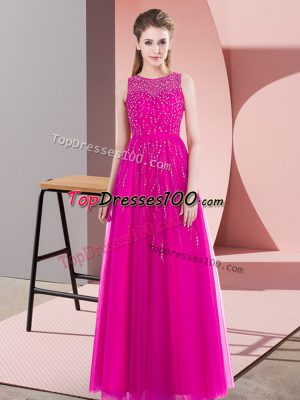 Beading Prom Evening Gown Fuchsia Side Zipper Sleeveless Floor Length