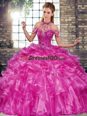 Popular Halter Top Sleeveless Organza Sweet 16 Quinceanera Dress Beading and Ruffles Lace Up
