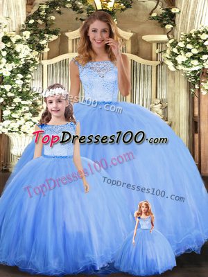 Blue Ball Gowns Tulle Scoop Sleeveless Lace Floor Length Clasp Handle Quinceanera Dresses