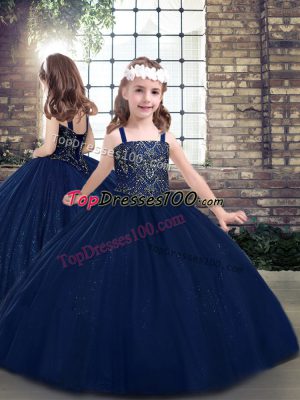 Cute Straps Sleeveless Lace Up Kids Formal Wear Navy Blue Tulle